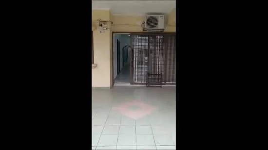 Room features: tiled flooring, wall-mounted split AC, security grille, arched doorway, neutral wall color, open layout, visible corridor, light fixtures; style: modern.