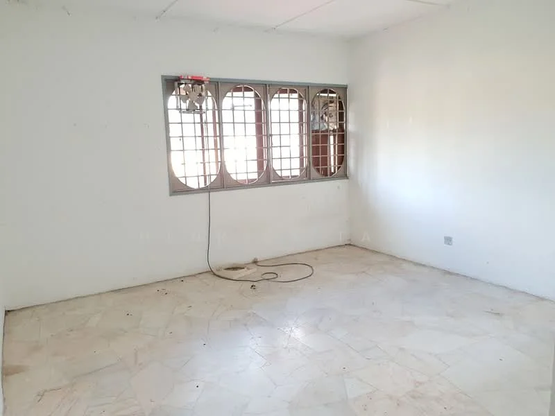 Room features: white painted walls, marble tile flooring, window with security bars, exposed electrical wiring, no visible furniture or decor.