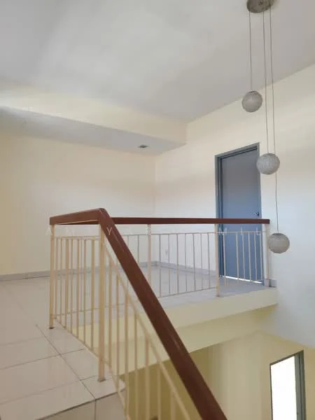 Room features: white painted walls, light-colored ceiling, tile flooring, wooden handrail, metal balustrade, hanging pendant lights, door leading to another room, open space layout; style: modern.