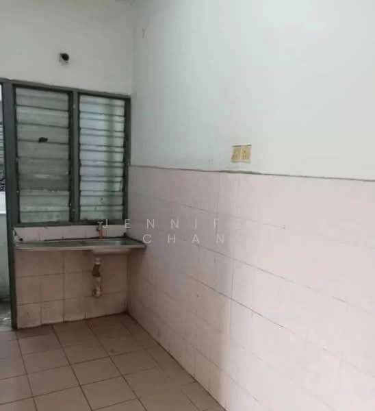 Kitchen features: white tiled walls, light grey tiled flooring, single-bowl sink, metal faucet, window with metal grille, wall-mounted electrical outlets.