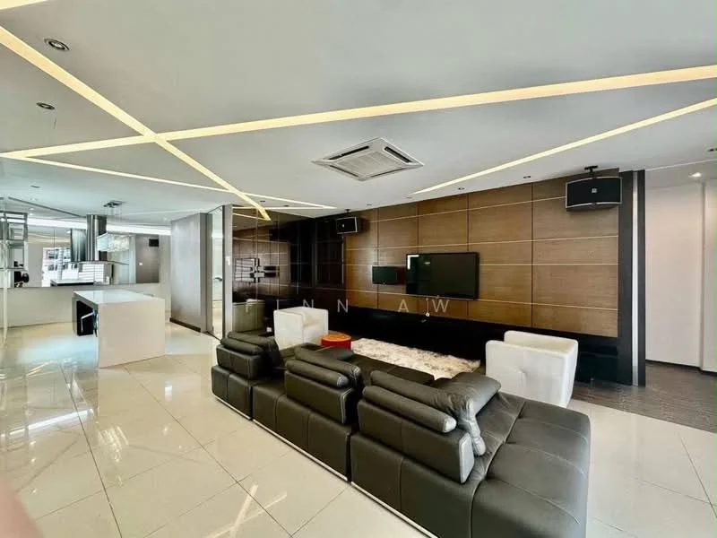 Living features: 3-seater leather sofa in black, 2 white armchairs, coffee table, wall-mounted TV, entertainment unit, recessed downlights, ceiling with geometric design, cream area rug, tile flooring, air conditioning unit; style: modern. Kitchen features: island kitchen, stainless-steel appliances, white cabinetry, open layout, countertop with bar seating; style: modern.
