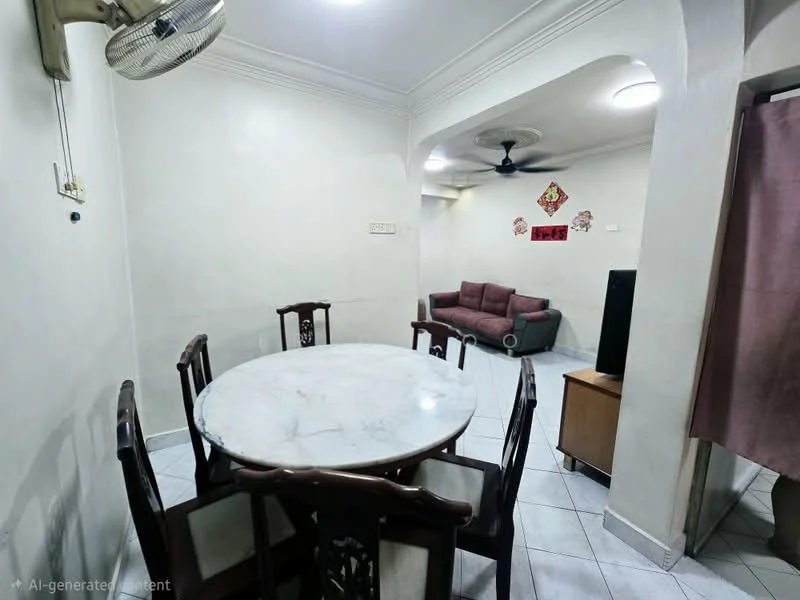 Dining features: round marble dining table, 6 wooden dining chairs, white painted walls, tile flooring, ceiling fan, recessed lighting, decorative wall art, open layout to living area; style: modern. Living features: 2-seater fabric sofa in maroon, wooden TV cabinet, white painted walls, tile flooring, ceiling fan, recessed lighting, decorative wall art; style: modern.