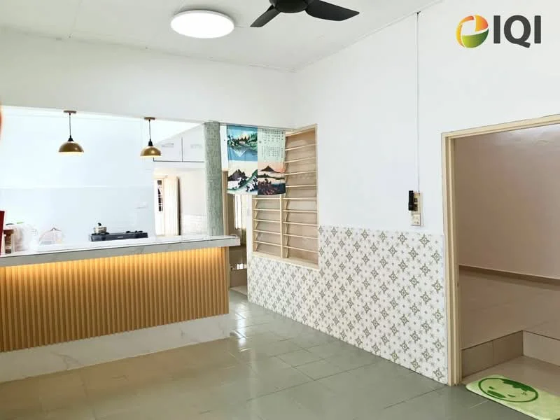 Kitchen features: white painted walls, grey tiled flooring, pendant lighting, kitchen island with wood paneling, stainless-steel countertop, built-in stove, open layout, wall-mounted fan; style: modern. Room features: white painted walls, cream tiled flooring, doorway leading to another room.