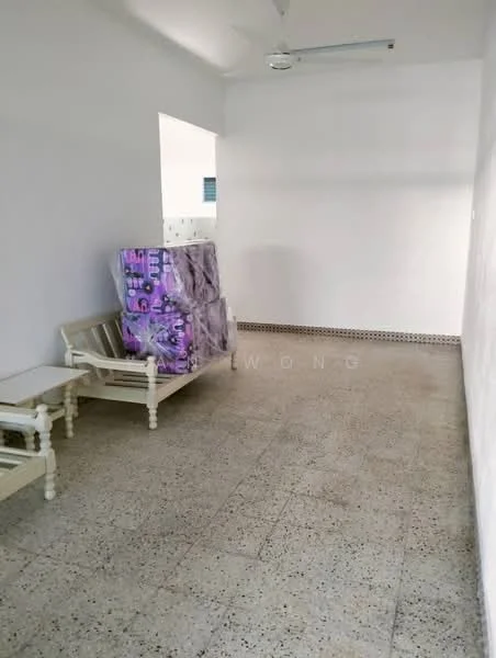 Room features: white painted walls, terrazzo flooring, ceiling fan, two wooden benches, small side table, natural light from window, minimalist decor; style: minimalist.