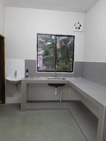 Laundry features: grey tiled flooring, white painted walls, single-bowl stainless-steel sink, chrome faucet, countertop with grey surface, wall-mounted ventilation fan, window with view of greenery, built-in cabinetry, shelf above countertop; style: modern; view: garden.