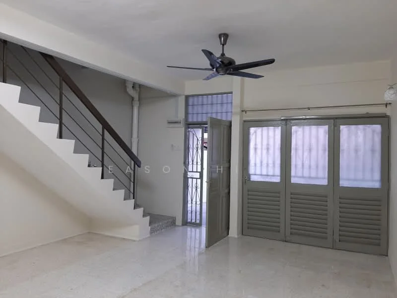 Living features: cream painted walls, marble flooring, 5-blade ceiling fan, sliding glass door, metal railing on staircase, staircase leading to upper floor, window with vertical slats, open layout; style: modern.