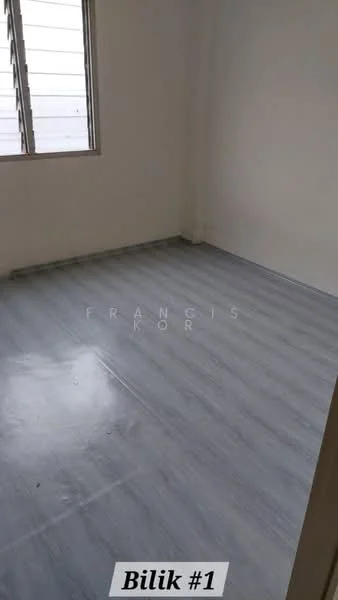 Room features: grey laminate flooring, white painted walls, window with horizontal slats, no visible furniture or decor; style: minimalist.