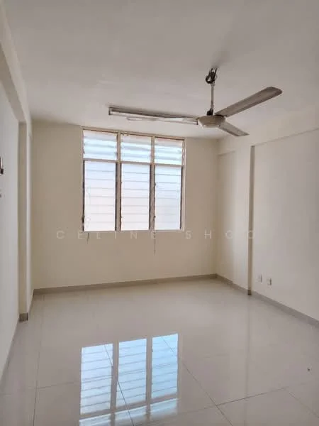 Room features: white painted walls, glossy ceramic tile flooring, 5-blade ceiling fan, large windows with horizontal slats, neutral color scheme, no visible furniture, natural light from windows; style: minimalist.