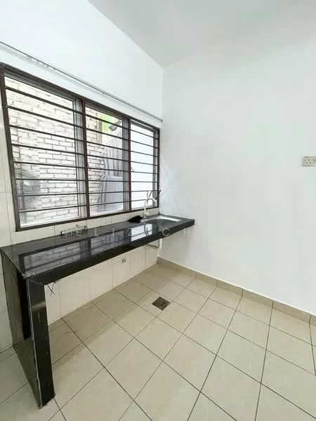 Kitchen features: black granite countertop, single-bowl stainless-steel sink, chrome pull-down faucet, white painted walls, ceramic tile flooring, window with horizontal bars, exposed brick wall, wall-mounted cabinetry; style: modern.