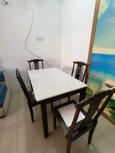 Dining features: marble dining table, 4 wooden dining chairs, white walls, tile flooring, decorative wall mural with beach scene; style: modern.