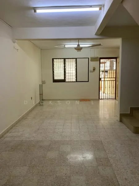 Living features: white painted walls, speckled tile flooring, ceiling fan, large window with metal grille, door leading to outdoor area, corner staircase, light fixture, air conditioning unit.