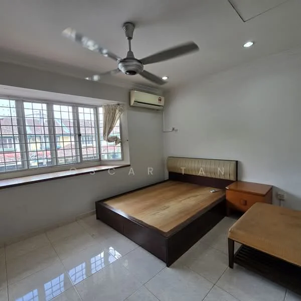 Bedroom features: queen-size bed, wooden bed frame, 2 bedside tables, ceiling fan, wall-mounted split AC, large window with grid pattern, white painted walls, glossy tile flooring, natural light from window, curtains; style: modern.
