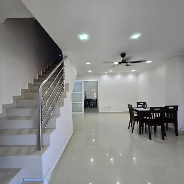 Living features: white painted walls, polished ceramic tile flooring, 5-blade ceiling fan with light, dining table with 4 chairs, staircase with metal railing, recessed LED downlights, sliding glass door, open layout; style: modern.