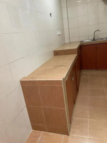 Kitchen features: light-colored tiled walls, brown cabinetry, laminate countertop, single-bowl stainless-steel sink, wall-mounted faucet, ceramic tile flooring, under-cabinet lighting, built-in storage cabinet; style: modern.
