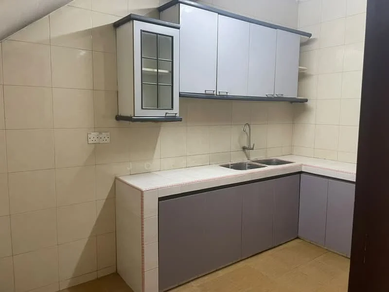 Kitchen features: double-bowl stainless-steel sink, chrome pull-down faucet, light grey cabinetry, white tiled backsplash, white countertop, upper cabinets with glass front, lower cabinets, tile flooring, wall-mounted cabinet, neutral wall tiles; style: modern.