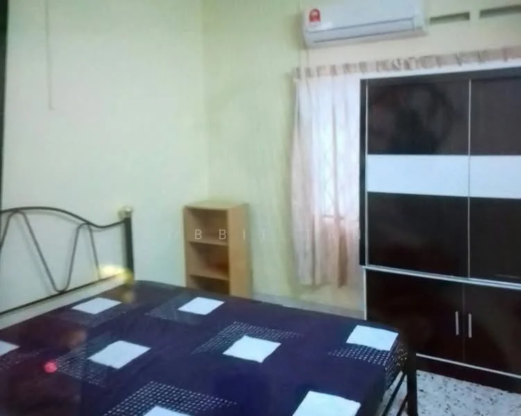 Bedroom features: queen-size bed with metal frame, purple bedspread with white accents, wooden bedside shelf, built-in wardrobe with black and white panels, window with sheer curtains, air conditioning unit on wall, terrazzo flooring, light green painted walls.