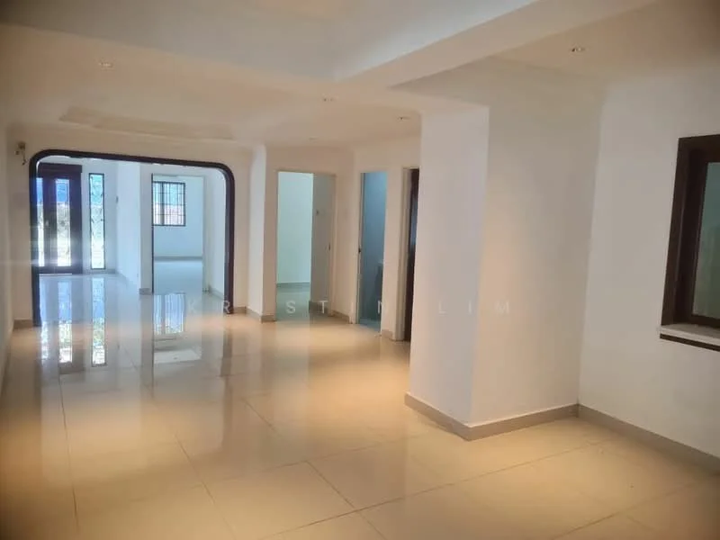 Room features: white painted walls, glossy ceramic tile flooring, recessed downlights, arched doorway, multiple doorways, large windows, neutral color scheme, open layout; style: modern.