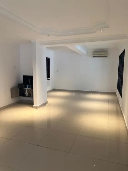 Room features: white painted walls, polished ceramic tile flooring, recessed downlights, ceiling with crown moulding, wall-mounted split AC, large window, built-in cabinetry, open layout; style: modern.