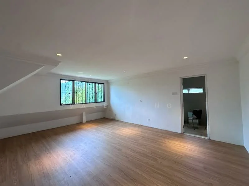 Room features: white painted walls, wooden flooring, recessed downlights, floor-to-ceiling windows, natural light, open layout, corner space, no visible furniture; style: minimalist; view: garden.