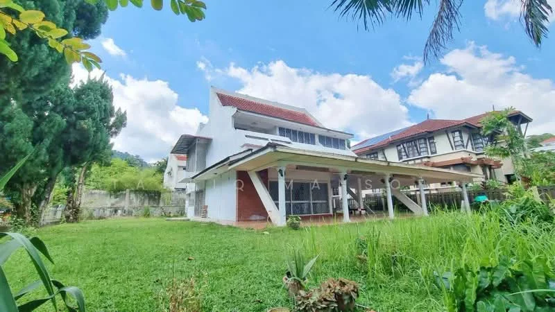 Exterior type: detached bungalow; features: white painted facade, red tiled roof, single-storey, manicured lawn, surrounded by greenery, covered porch, large windows, outdoor space, garden area; style: modern.