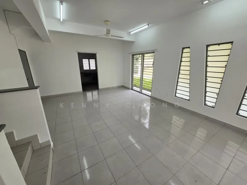Living features: white painted walls, grey tiled flooring, 5-blade ceiling fan, sliding glass door, floor-to-ceiling windows, window with horizontal slats, natural light, open layout; style: modern; view: garden.