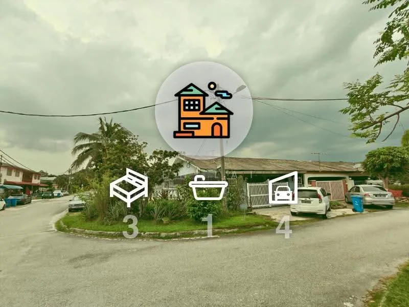 Exterior type: linked terrace house; features: single-storey, concrete facade, manicured lawn, paved driveway, surrounded by greenery, multiple parked cars, street view, overcast sky; style: traditional.