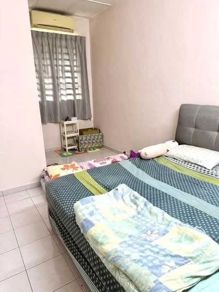 Bedroom features: queen-size bed, upholstered headboard, light grey bedding, decorative pillows, white walls, grey curtains, tile flooring, small bedside table, storage basket, area rug, wall-mounted air conditioning unit; style: minimalist.