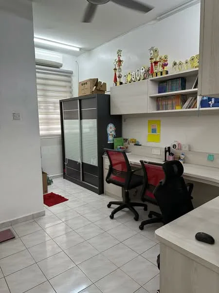 Study features: white painted walls, tile flooring, ceiling fan, built-in desk with storage, two office chairs, black glass cabinet, shelves with books and trophies, window with blinds, red carpet, wall-mounted decorations; style: modern.