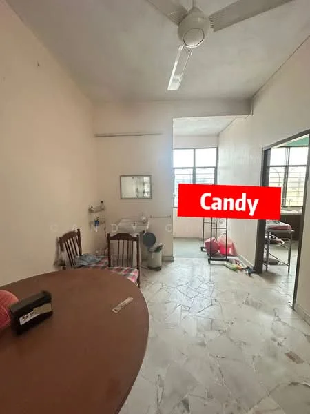 Room features: round wooden dining table, two wooden chairs, ceiling fan, white painted walls, marble flooring, window with natural light, mirror on wall, small wall-mounted shelf, visible doorway to another room; style: minimalist.