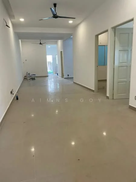 Room features: white painted walls, polished ceramic tile flooring, 2 ceiling fans, door frames, light fixtures, open layout, windows, neutral color scheme; style: modern.