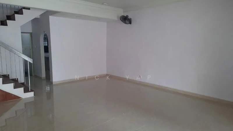 Room features: light purple painted walls, glossy tile flooring, ceiling fan, staircase with metal railing, open layout, natural light from windows, no visible furniture; style: modern.