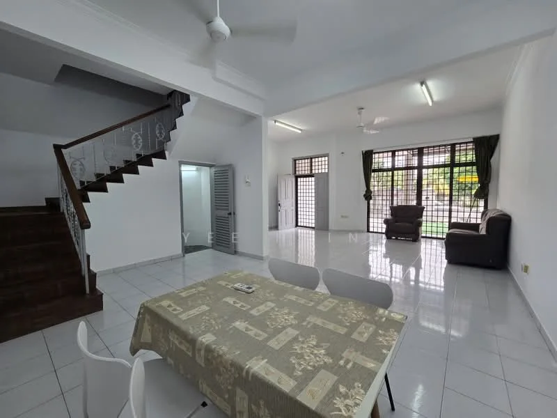 Living features: white painted walls, glossy ceramic tile flooring, 5-blade ceiling fan, large windows with black curtains, sofa set in grey, dining table with patterned tablecloth, staircase with wooden steps, recessed lighting; style: modern; view: garden. Room features: white painted walls, glossy ceramic tile flooring, 5-blade ceiling fan, large windows with black curtains.