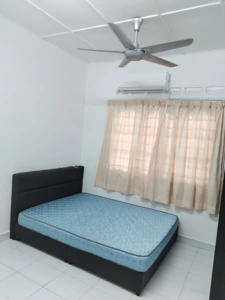 Bedroom features: queen-size bed, upholstered headboard, white painted walls, white ceiling, 5-blade ceiling fan, wall-mounted split AC, curtains, tile flooring; style: minimalist.