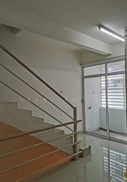 Room features: white painted walls, polished tile flooring, staircase with metal railing, large glass sliding door, natural light from windows, ceiling lights, open layout, corner space; style: modern.