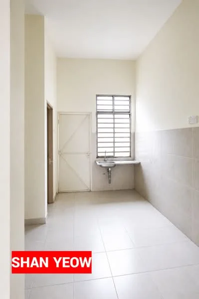 Room features: white painted walls, light grey tiled flooring, single-bowl sink, window with horizontal bars, door with panel design, countertop surface, neutral ceiling, no visible furniture or decor; style: minimalist.