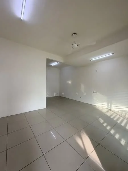Room features: white painted walls, glossy ceramic tile flooring, ceiling fan, fluorescent ceiling lights, large windows allowing natural light, no visible furniture, open layout, neutral color scheme; style: minimalist.