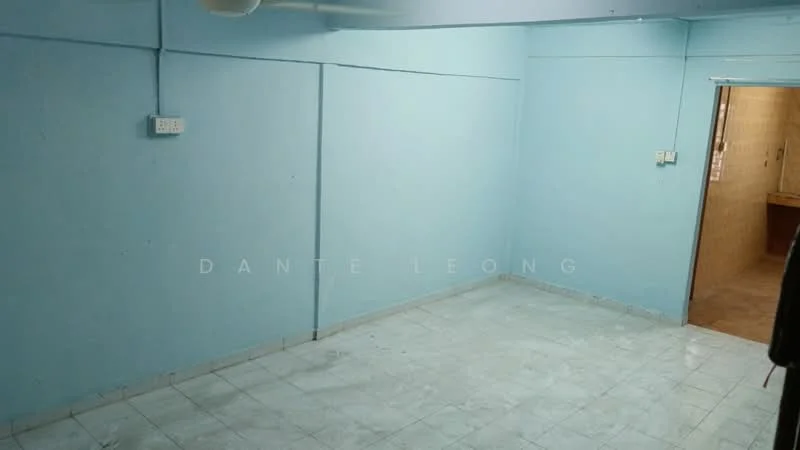 Room features: light blue painted walls, white tiled flooring, ceiling fan, no visible windows, empty space.
