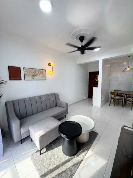 Living features: grey fabric 3-seater sofa, black round coffee table, white round side table, ceiling fan with light, wall-mounted light fixture, decorative wall art, white tiled flooring, crown moulding on ceiling; style: modern.