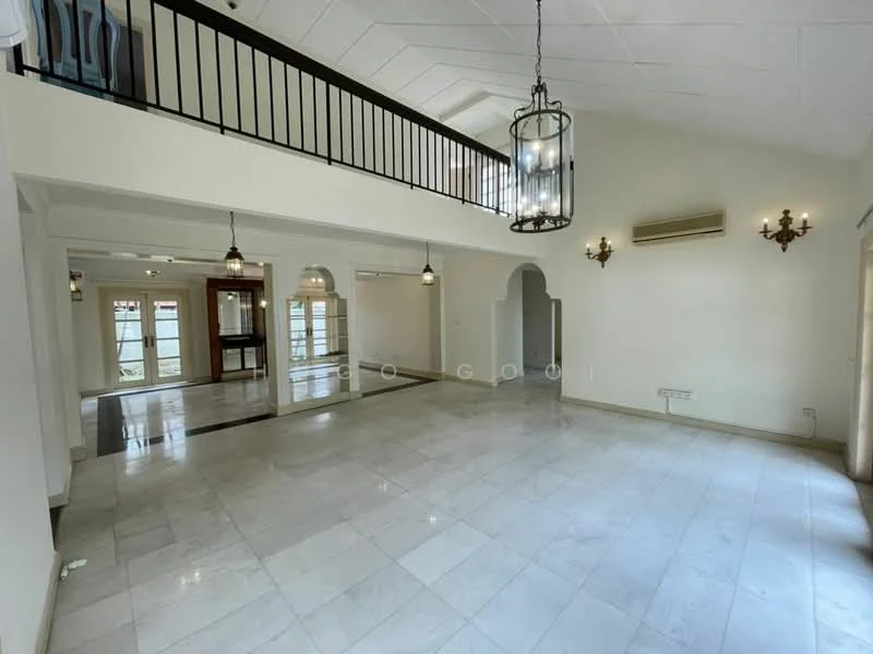 Living features: marble flooring, white painted walls, high ceiling, chandelier, 2 wall sconces, large windows, sliding glass door, open layout, balcony railing, air conditioning unit, recessed downlights; style: modern.