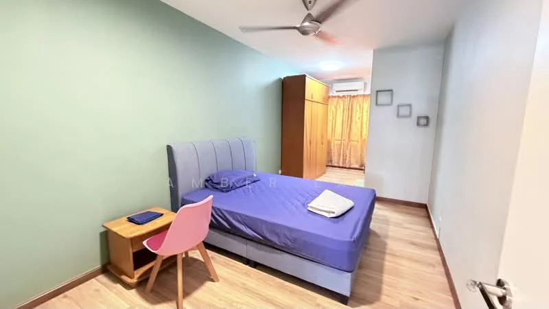 Bedroom features: single bed with blue bedding, upholstered headboard, wooden bedside table, pink chair, wooden wardrobe, light wood flooring, green painted walls, ceiling fan, curtains, wall-mounted decor frames; style: modern.