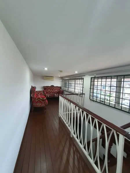 Room features: wooden flooring, white painted walls, recessed downlights, railings with decorative pattern, large windows with metal grilles, sofa with floral upholstery, air conditioning unit; style: modern.