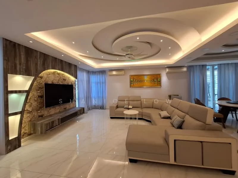 Living features: L-shape sectional sofa in beige, coffee table, wall-mounted TV, TV console with stone accent, recessed downlights, tray ceiling with integrated lighting, 2 wall-mounted split AC units, floor-to-ceiling windows with sheer curtains, decorative artwork on wall, polished marble flooring, area rug, decorative wall with wood paneling; style: modern.