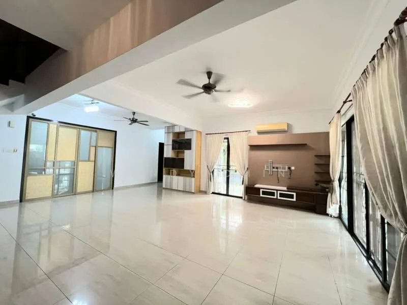 Living features: large open space, white painted walls, cream tiled flooring, 5-blade ceiling fan, recessed downlights, sliding glass doors, wall-mounted TV console, built-in shelving unit, air conditioning unit, curtains, decorative wall paneling; style: modern.