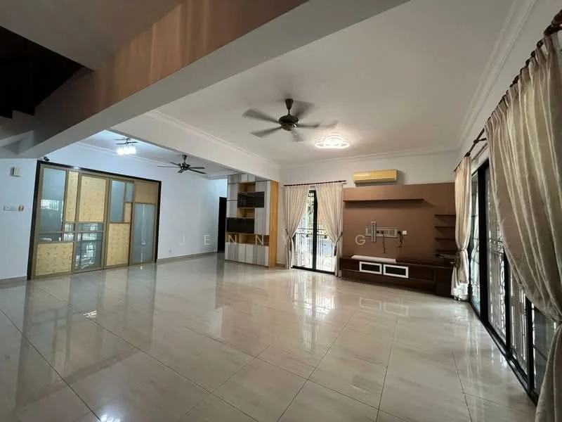 Living features: white painted walls, glossy beige tile flooring, 5-blade ceiling fan with light, recessed downlights, large sliding glass doors, sheer curtains, built-in wooden shelving unit, TV console, decorative wall panel, open layout, natural light from windows; style: modern.