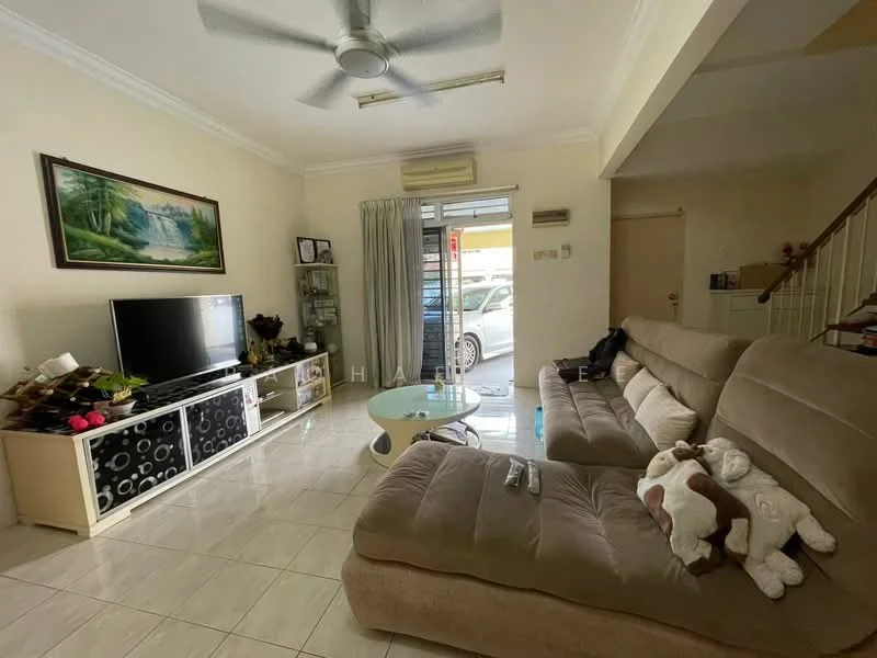 Living features: 3-seater fabric sofa in beige, coffee table with glass top, wall-mounted TV, TV console with storage, ceiling fan, white painted walls, glossy tile flooring, curtains, decorative painting on wall, houseplants in ceramic pots; style: modern.