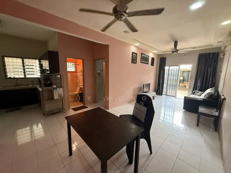 Living features: white painted walls, white tiled flooring, 5-blade ceiling fan, wall-mounted TV, sofa, coffee table, curtains, sliding glass door, area rug; style: modern; view: garden. Kitchen features: white painted walls, white tiled flooring, kitchen cabinets, sink, stainless-steel appliances, refrigerator, stove, countertop; style: modern. Bathroom features: white tiled walls, white tiled flooring, toilet, sink, shower, mirror; style: modern.