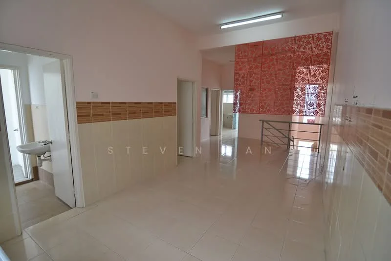 Room features: pink painted walls, cream tiled flooring, decorative wall panel with red pattern, doorway leading to bathroom, doorway leading to another room, stainless-steel railing, fluorescent ceiling lights; style: modern.