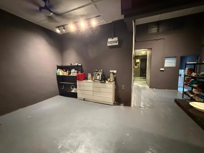 Room features: grey painted walls, concrete flooring, track lighting, wall-mounted air conditioning unit, open shelving, storage cabinets, dark cabinetry, minimal decor; style: modern.