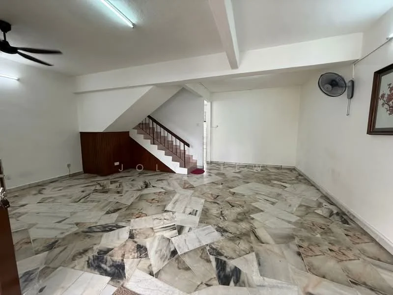Room features: marble flooring, white painted walls, exposed ceiling beams, ceiling fan, staircase with wooden railing, wall-mounted fan, natural light from windows, decorative wall frame; style: modern.