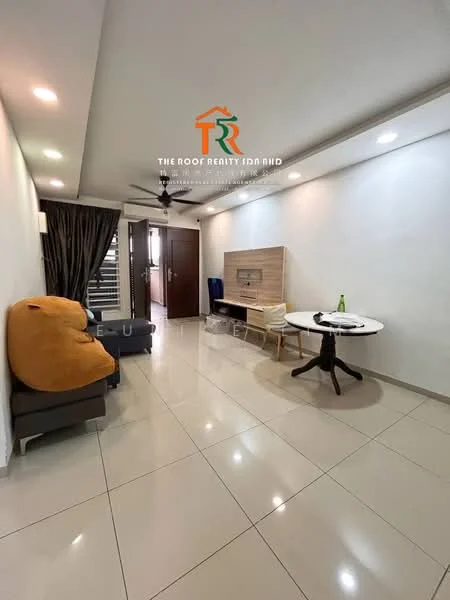 Living features: cream painted walls, glossy tile flooring, 5-blade ceiling fan with light, sofa in grey fabric, yellow bean bag chair, round dining table, TV console, wall-mounted TV, decorative wall panel, curtains, open space layout; style: modern.